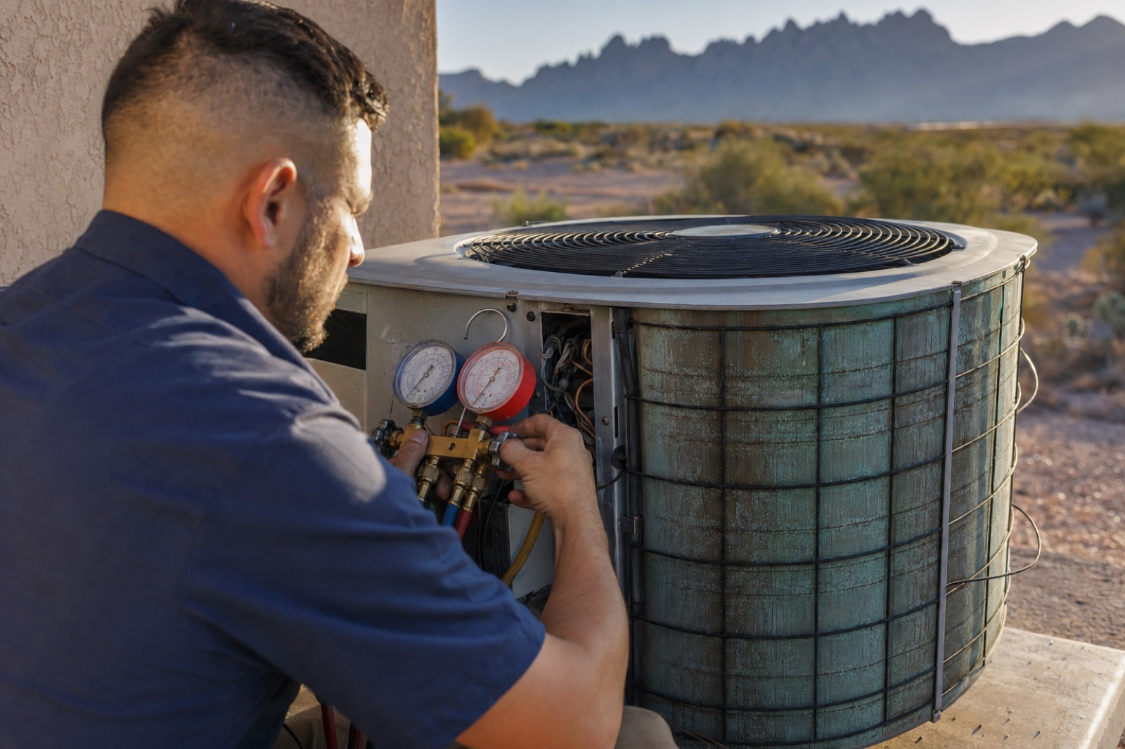 HVAC technician servicing an outdoor AC condenser in Las Cruces