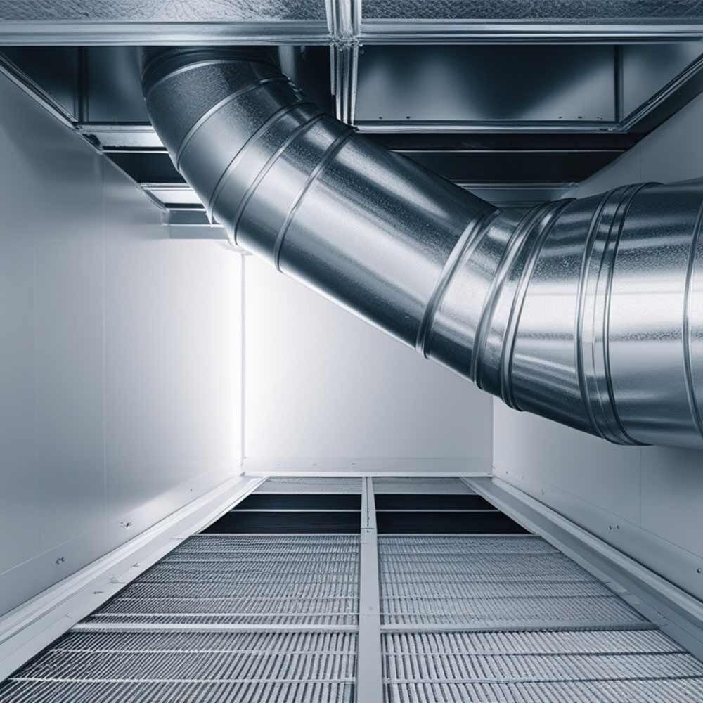 Galvanized HVAC supply duct over an air-handler filter rack