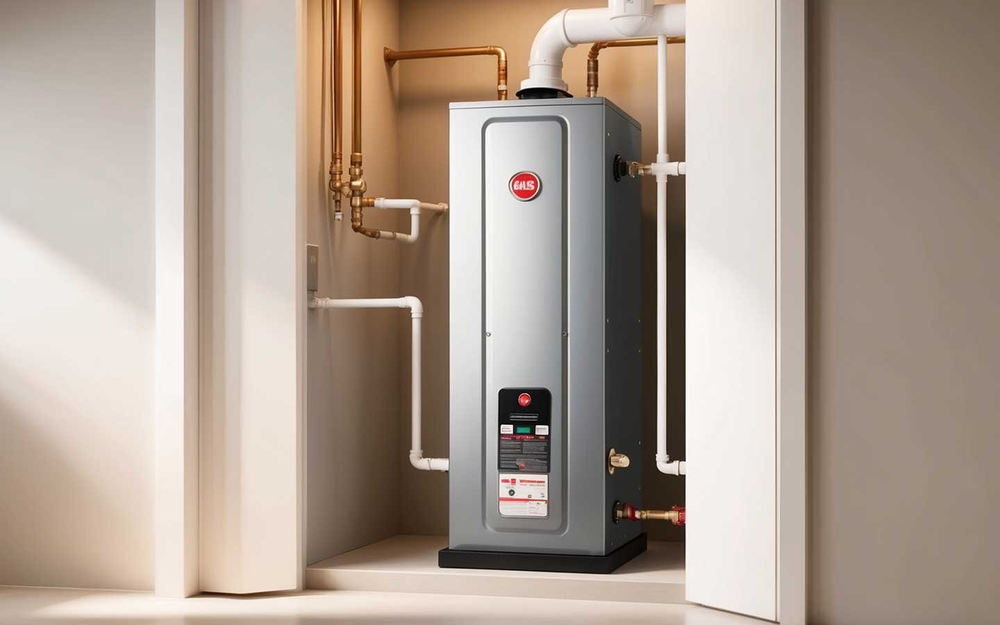 Residential gas water heater installed in a Las Cruces utility closet